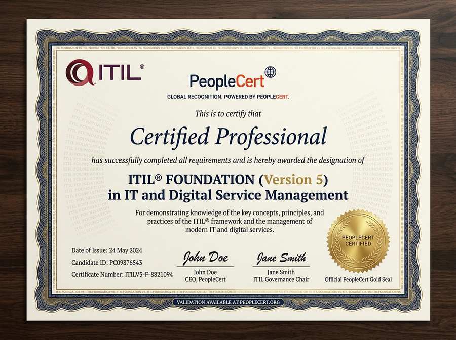 ITIL Foundation Version 5 Certificate Mockup